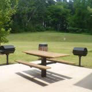 A picnic area with a wooden table and two grills, set in a lush green park.