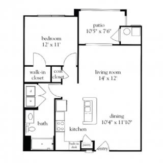 A floor plan of a one-bedroom apartment with a living room, dining area, kitchen, bathroom, and walk-in closet.