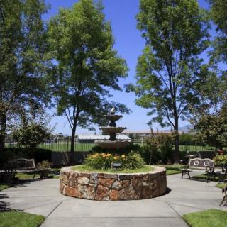 A serene garden with a central stone fountain surrounded by trees and benches.