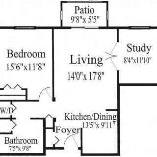 A floor plan of an apartment with labeled rooms including a bedroom, living room, study, kitchen/dining area, bathroom, and patio.