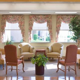 A cozy seating area with armchairs and wooden chairs, complemented by potted plants and natural light from large windows.