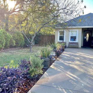 A serene garden view with a small house, concrete pathway, and lush greenery basking in sunlight.