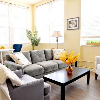 A bright and modern living room with a gray sofa and coffee table, complemented by decorative accents and large windows.