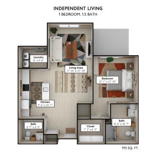 A detailed floor plan of an independent living apartment with 1 bedroom and 1.5 baths.