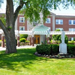 A view of a building entrance surrounded by well-maintained landscaping and a large tree on a sunny day.