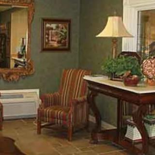 A cozy living room with elegant furniture and decor, featuring a striped armchair, ornate mirror, and a table with a lamp and plants.