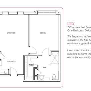 Floor plan of a one-bedroom apartment with a spacious layout and corner location.