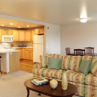 A cozy open-plan apartment with a living room, dining area, and a kitchen with wooden cabinetry.