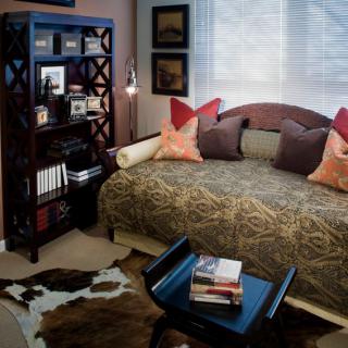 A cozy bedroom with a stylish daybed, decorative pillows, and a well-organized bookshelf.