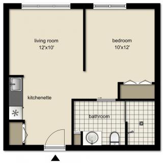 A floor plan of a one-bedroom apartment with a living room, kitchenette, and bathroom.