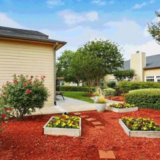 A well-maintained garden with raised flower beds and a patio in a residential area.