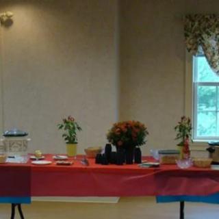 An indoor table setup with plants and decorations, covered with a red tablecloth.