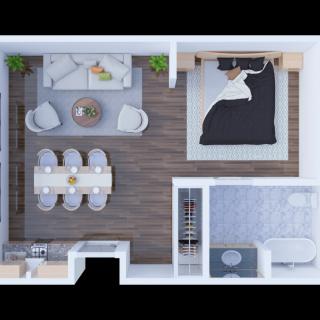 A modern apartment floor plan featuring a bedroom, living room, dining area, kitchen, and bathroom.