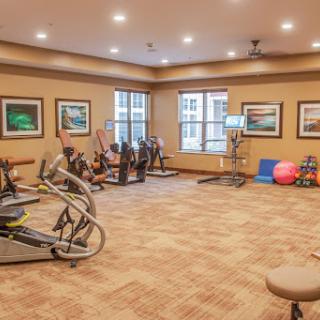 A well-equipped fitness center featuring various exercise machines and weights.