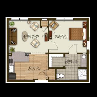 A detailed floor plan of a small apartment showing the arrangement of rooms including a living area, kitchen, bathroom, and bedroom.