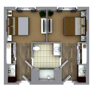 A top-down view of a two-bedroom apartment layout with shared bathroom and living spaces.
