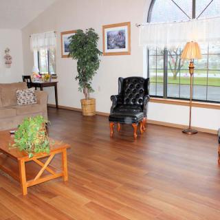 A spacious living room with wooden flooring, featuring a sofa, armchair, and indoor plants. Large windows allow abundant daylight to fill the room.