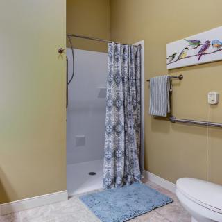 A bathroom featuring a walk-in shower with a patterned curtain, a toilet, and a towel rack on the wall.