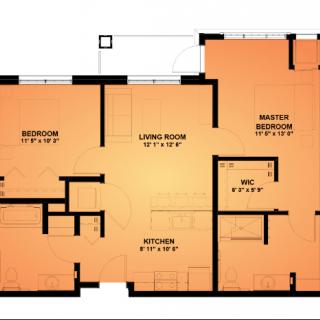 A detailed floor plan of an apartment showing various rooms including a master bedroom, bedroom, living room, and kitchen.