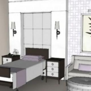 A modern bedroom interior design featuring a bed, nightstands, and wall decor.