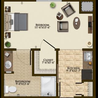 A one-bedroom apartment floor plan featuring a living room, kitchen, bathroom, and closet.
