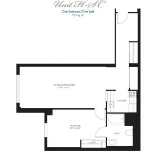 One-bedroom apartment floor plan layout.