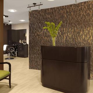 A modern salon reception area with elegant decor and furniture.