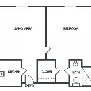 One-bedroom apartment floor plan with living area, kitchen, closet, and bathroom.