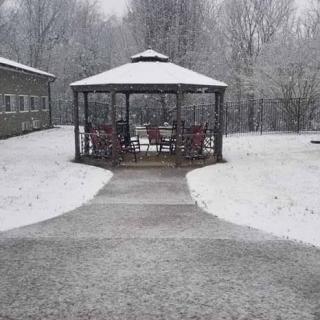 A snowy scene with a gazebo surrounded by trees and a nearby building.