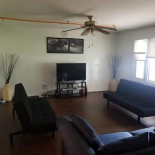 A spacious living room with modern decor, featuring a television, multiple sofas, a ceiling fan, and large windows.