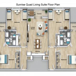 Floor plan of a quad living suite with multiple bedrooms and shared living spaces.