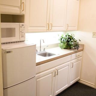A compact kitchen featuring white cabinets, a microwave, a refrigerator, and a sink, with a plant for decoration.