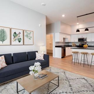 A modern living room with an open kitchen, featuring sleek furniture and stylish decor.