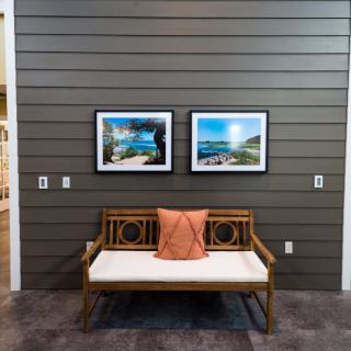 A cozy bench with an orange cushion sits below two framed photographs on a stylish wood-paneled wall.