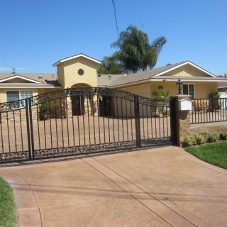 A residential house with a gated driveway and palm trees in the yard.