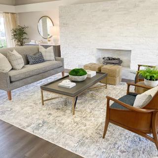 A modern living room with a neutral color palette, featuring a sofa, coffee table, armchair, and plants.