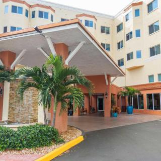 A modern building entrance with palm trees and a covered driveway.