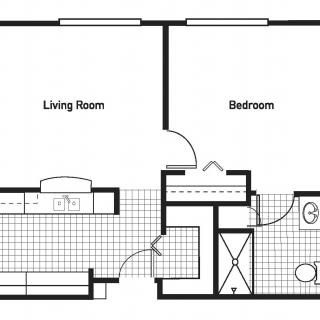 A simple floor plan of an apartment featuring a living room, bedroom, kitchen, and bathroom.