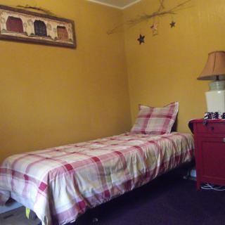 A cozy bedroom with yellow walls, featuring a single bed with plaid bedding and a small red nightstand.