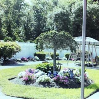 A serene backyard garden featuring a variety of flowers, a small tree, and a swingset in the background.