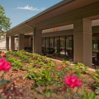 A view of a modern building with a garden featuring blooming roses in the foreground.