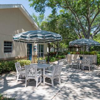 An inviting outdoor patio area with tables, chairs, and umbrellas, surrounded by lush greenery and trees.