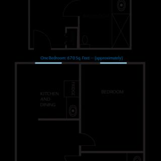 Blueprint of a one-bedroom apartment with designated living and kitchen areas.