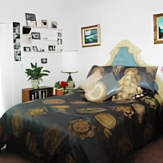 A cozy bedroom featuring a uniquely designed bedspread, wall art, and indoor plants for decoration.