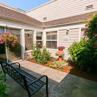 A sunny courtyard garden with a bench surrounded by lush plants and colorful flowers.