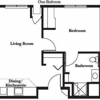 A floor plan for a one-bedroom apartment featuring a living room, bedroom, bathroom, dining area, and kitchenette.