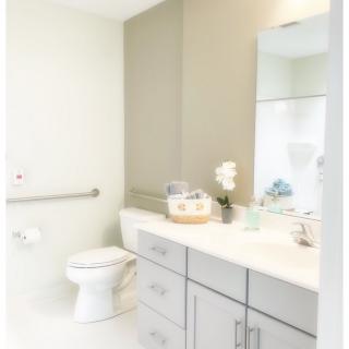 A modern, clean bathroom with a toilet and a large mirror above the sink.