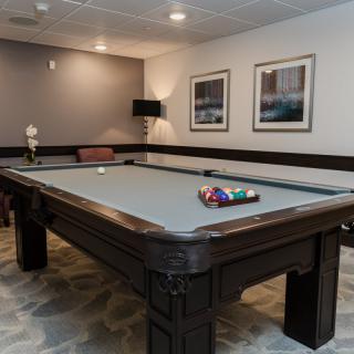 A cozy game room featuring a pool table ready for play.
