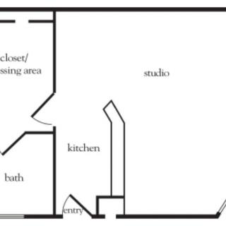 A floor plan of a studio apartment with labeled areas for the kitchen, closet/dressing area, bath, and entry.