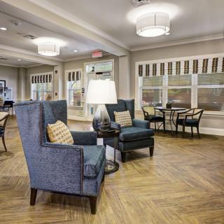 A modern lobby with comfortable seating and stylish lighting.